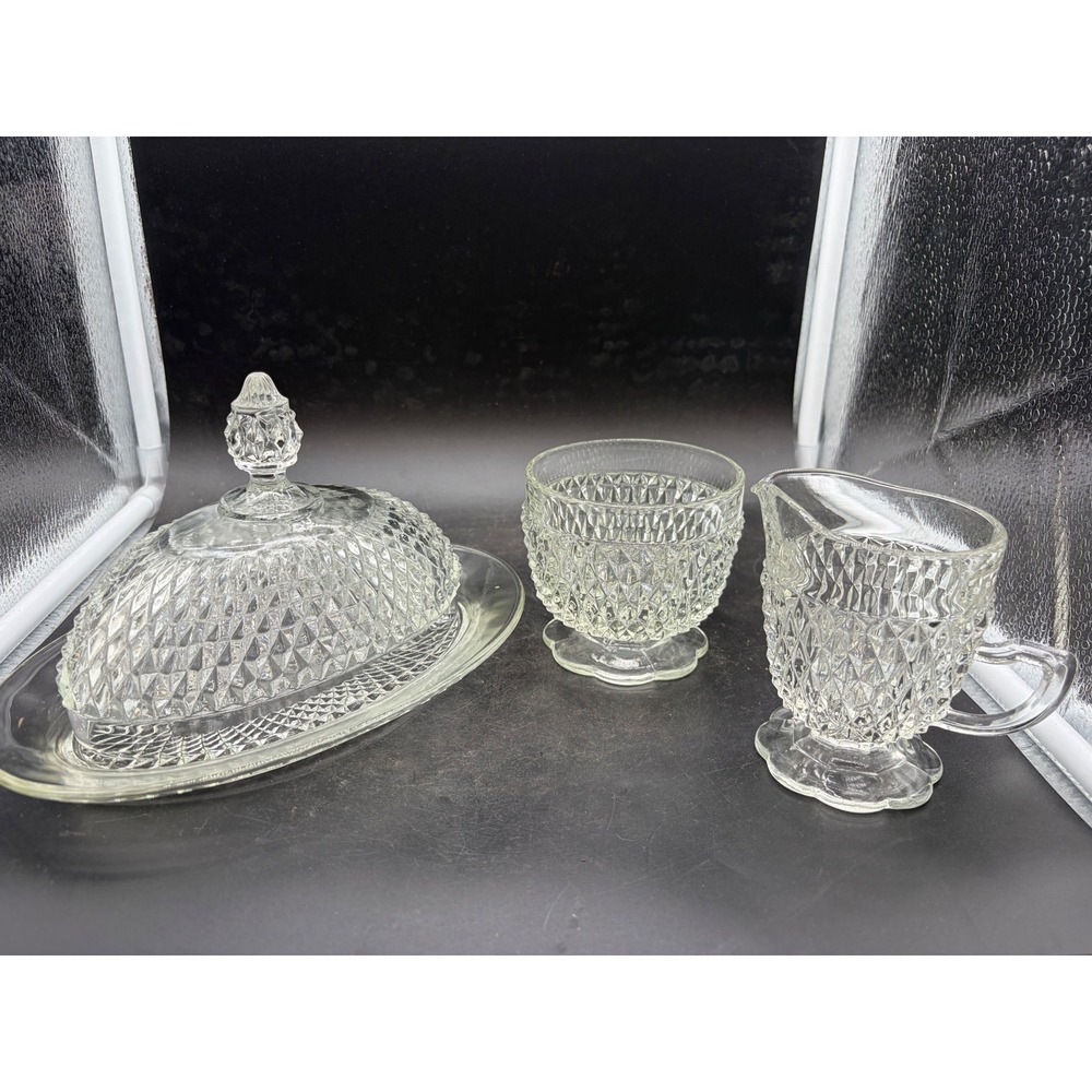 Vintage Clear Pressed Glass Diamond Point Butter Dish Creamer and Sugar Set
